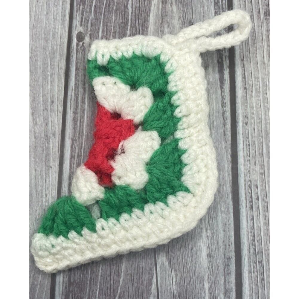 Vintage Christmas Ornament Crocheted Knitted Stocking Boot‎ Red White Green 4”